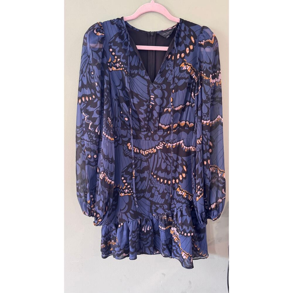 TED BAKER Pollei Ruffled Asymmetric Mini Long-sleeve Dress Size 0 Balloon Sleeve - Picture 11 of 11
